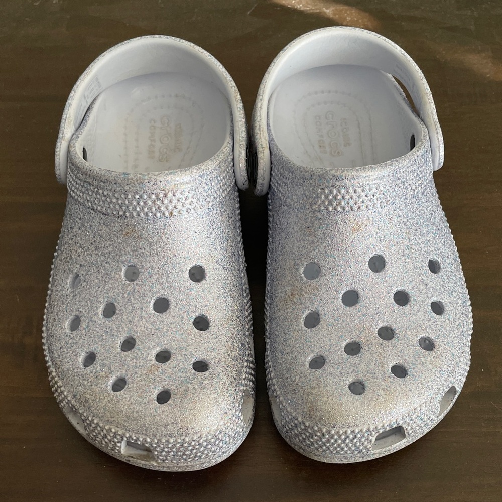 CROCS Kids Bluish Silver Glitter Shoes (size 13) - Picture 2 of 9